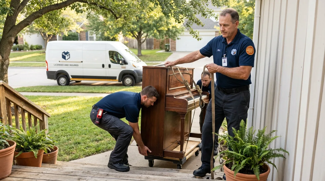 Licensed piano movers securing grand piano in Cozad, NE
