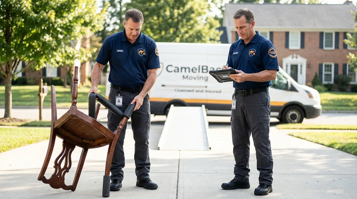 Movers inspecting furniture for damage prevention before loading in Cozad, NE