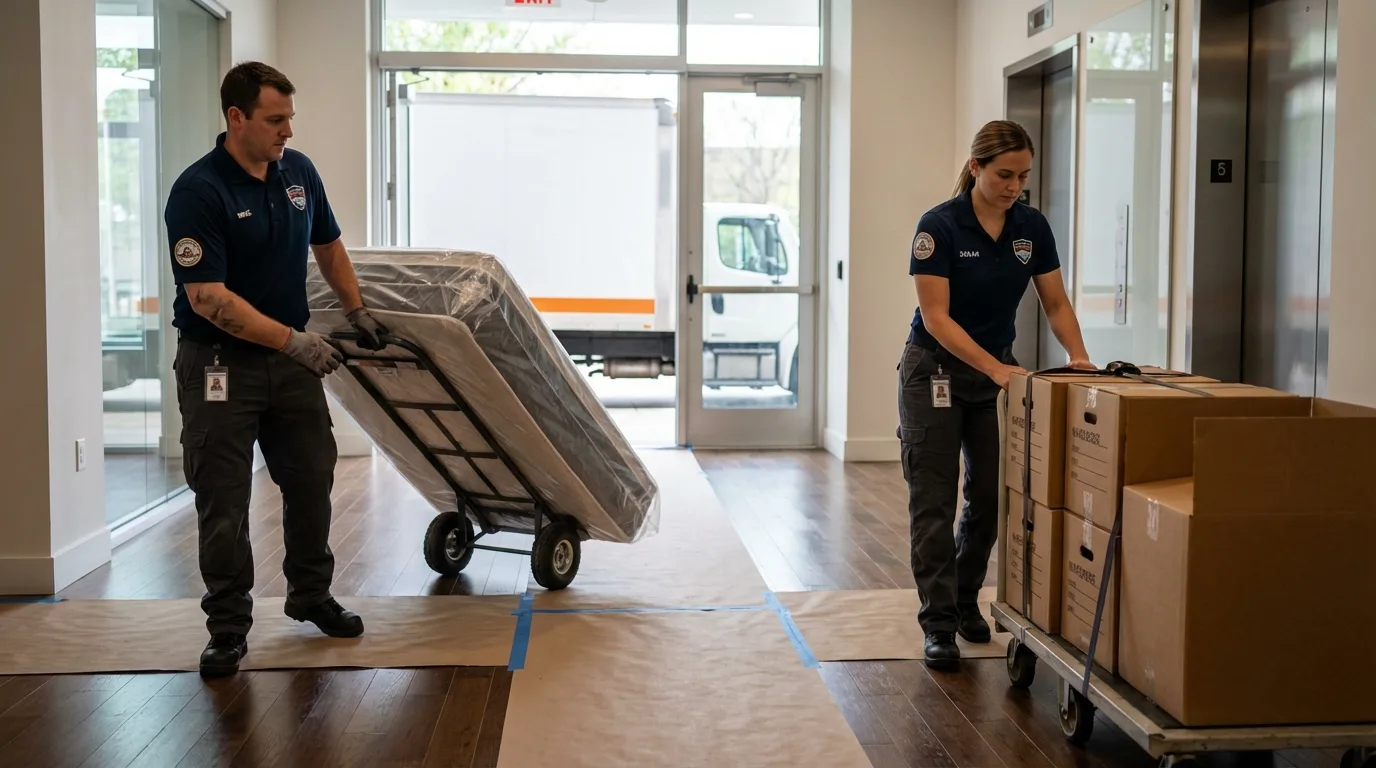 Professional apartment movers loading elevator in Cozad, NE